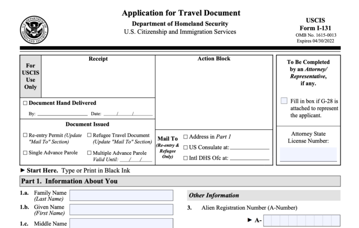 I-131, Application for Travel Document - Re-Entry Permit Application