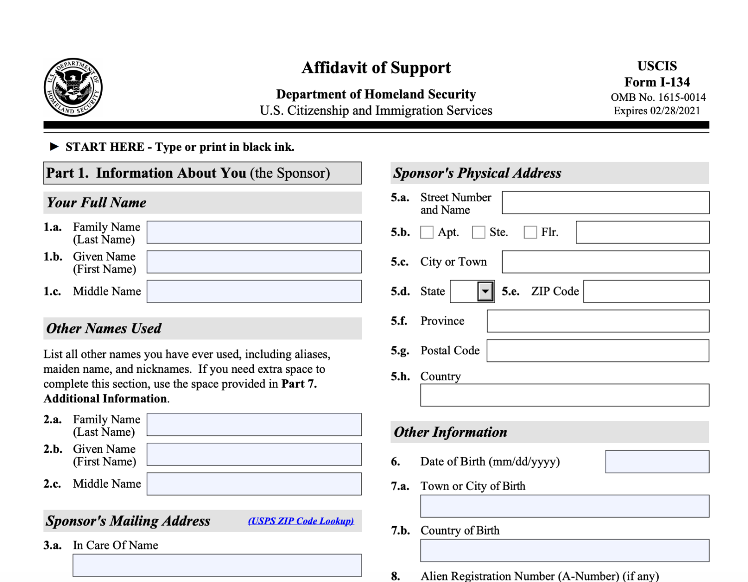 Form I-134 Affidavit of Support