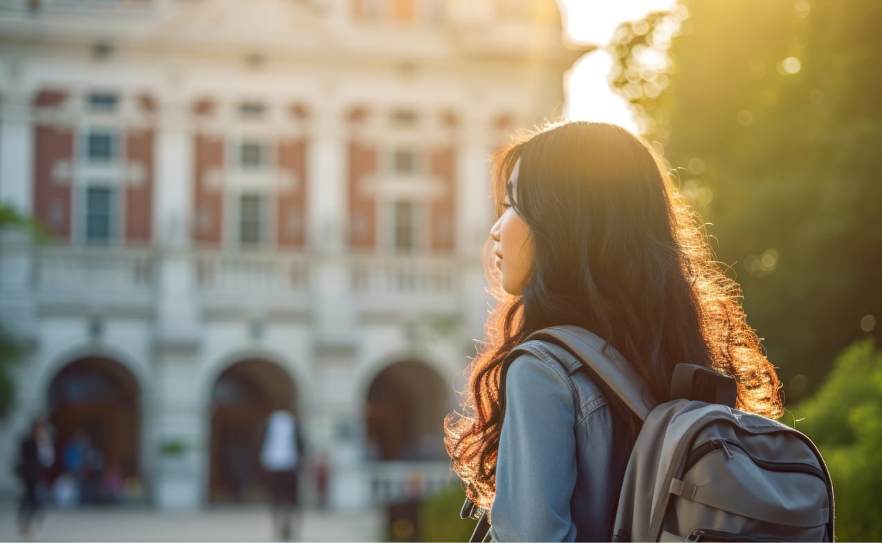 Asian university student with backpack facing college buildings, representing international students' academic aspirations and diversity in U.S. higher education rankings.